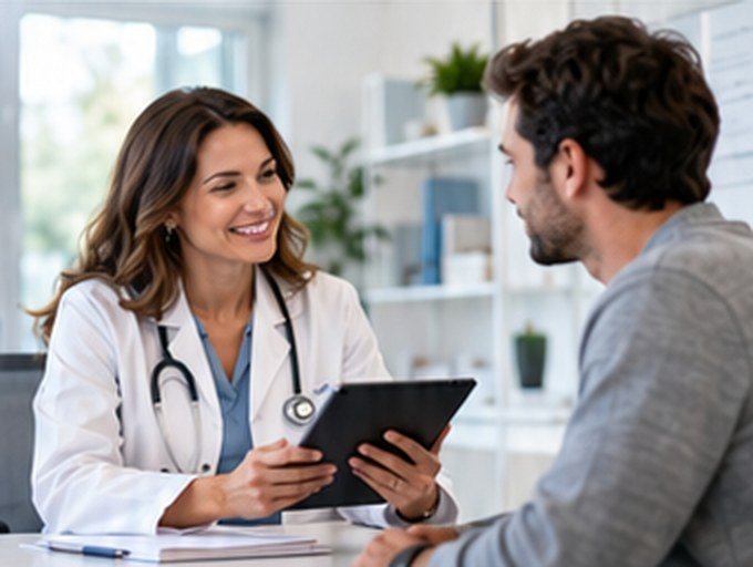 Doctor reviewing ADHD assessment results with a patient on a tablet